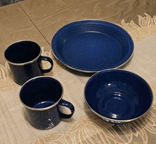 Eurohike Enamel Camping Set Plate Bowl 2 Mugs Outdoor Cooking Caravan Blue