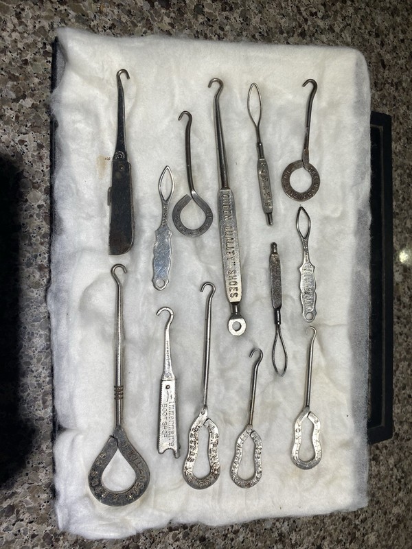 Queen Quality Shoes & H. Milnes Shoe Button Hooks Advertising Silver