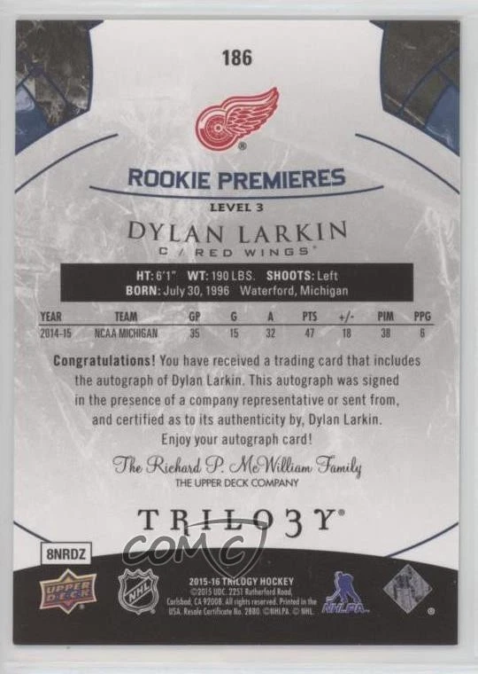 2015-16 Trilogy Premieres Blue Rainbow Foil /71 Dylan Larkin #186 Rookie Auto RC - Image 2 of 2