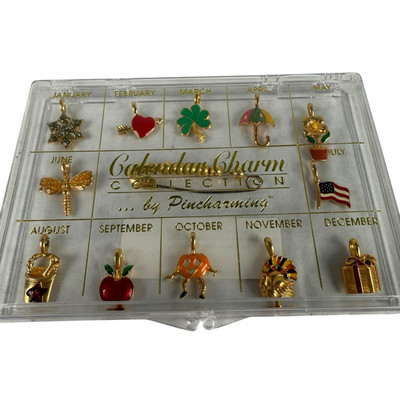 PINCHARMING Calendar Charms Pendants & Pin Gold Tone Enamel Paint 13 Piece Set