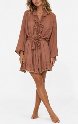 Free People FP One 100% Cotton Rose Ruffle Tie Waist Robe Mini Dress XS S Boho 