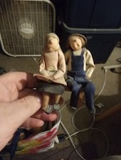 Little Primitive Folk Art Couple Sitting On A Bench