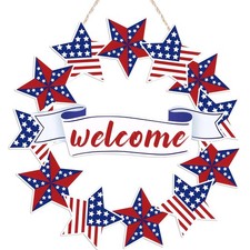 4th of July Welcome Sign Fourth of July Decorations Wooden Patriotic Star Wre...
