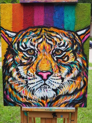  Wild Spectrum    Original 34 x 20 Acrylic Tiger Painting on Cradled Wood Panel
