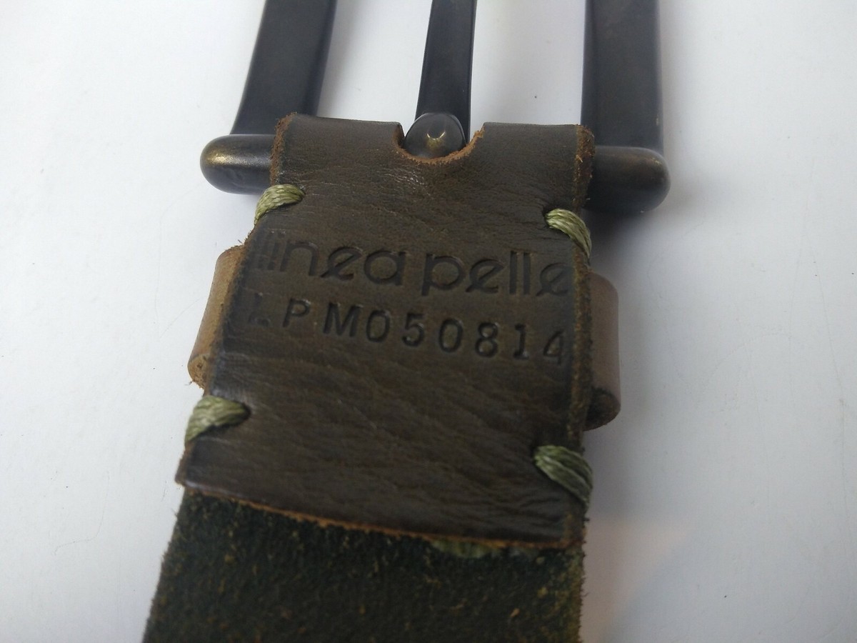 Linea Pelle Olive Green Embossed Leather Brass Buckle Belt Sz L (Fit: 34” - 38”) Linea Pelle Olive Greenish Brown Leather Belt Brass Buckle  main image 3