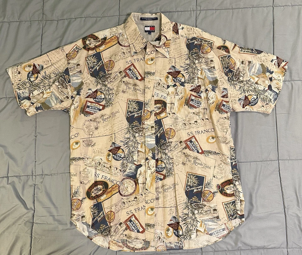 Винтажная мужская рубашка Tommy Hilfiger на пуговицах с коротким рукавом размер XXL отель AOP бежевая - Изображение 2 из 4