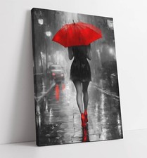WOMAN WITH RED UMBRELLA AND HEELS B&W FRAMED CANVAS WALL ART PICTURE PRINT