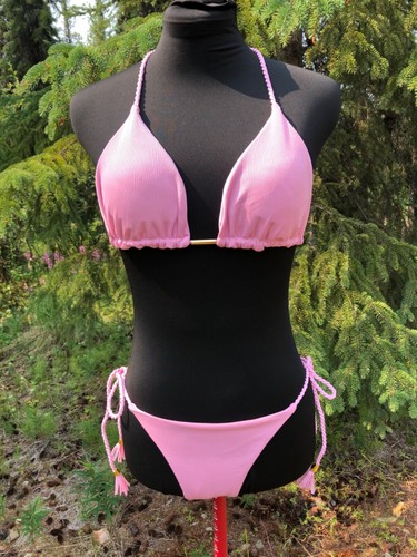 NEW Pink Ribbed Rope Tie Swimsuit Bikini Size M Ruched Cheeky Side Tie Bottom