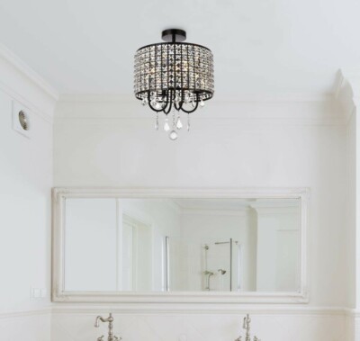 BLACK BEDROOM KITCHEN BATHROOM CRYSTAL SEMI FLUSH MOUNT CHANDELIER 4 LIGHT 14''