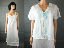 Peignoir Set Sz M Vintage 70s Long White Blue Lace Cup Nightgown Bed Jacket