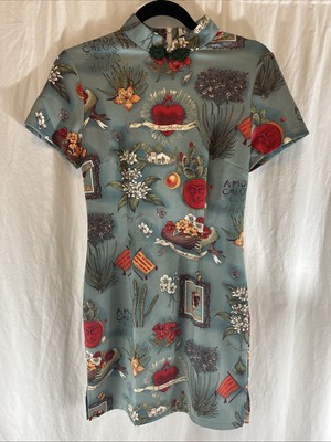 LG Fukcup Viva Frida Kahlo Teal Print Pencil Dress Size Small
