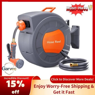 Wall Mount 100ft 1/2in Retractable Hose Reel 9-Func Sprayer Auto Rewind Slow