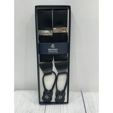 NEW Brooks Brothers Men's Black  Silver Tone Button-End Suspenders Leather Trim