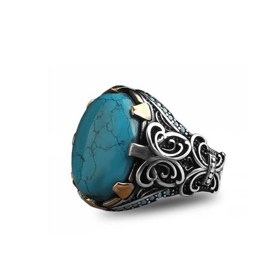 BayVog 925 Sterling Silver Turquoise Stone Men Silver Ring, Turquoise Stone