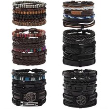 36Pcs Handmade Braided Leather Wooden Beaded Bracelets Set for Men Women - V