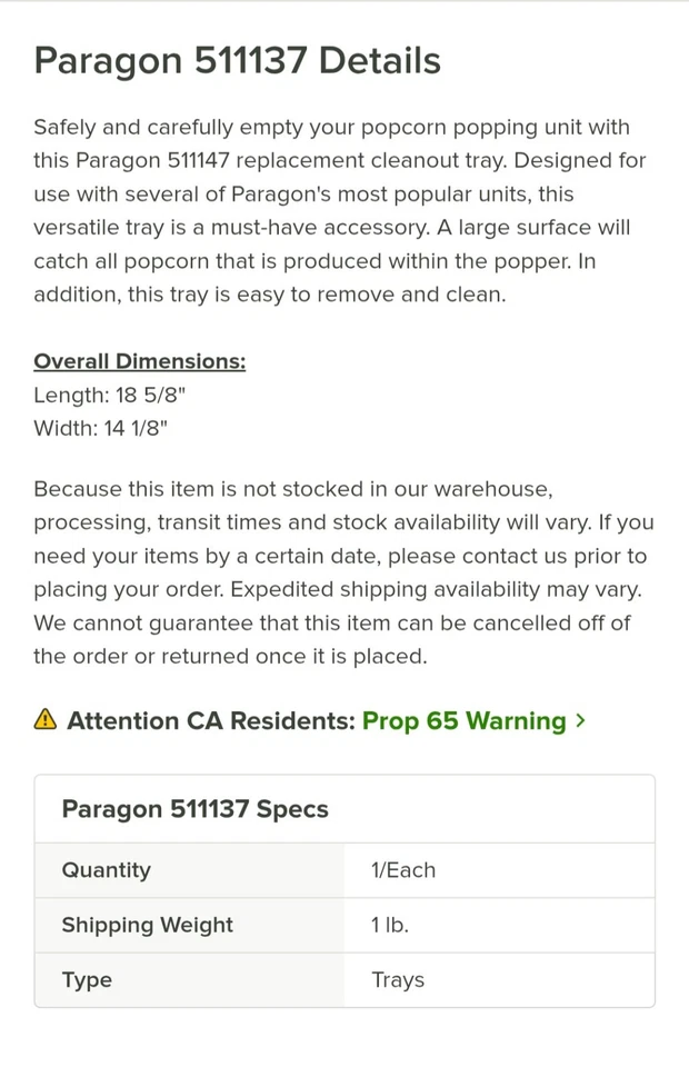 Bandeja de limpieza de palomitas de maíz de repuesto Paragon 511137 Foto 2 de 4