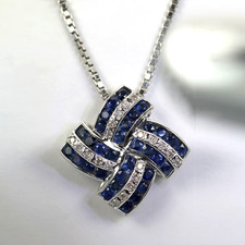 Round Cut Blue Sapphire Cluster Pendant Necklace 14K White Gold Finish 18" Chain