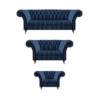 Dunkelblaue Chesterfield Polstergarnitur Wohnzimmer Dreisitzer 2-Sitzer