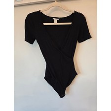 Black Wrap Bodysuit Short Sleeve Surplice Casual Everyday Stretch Size M