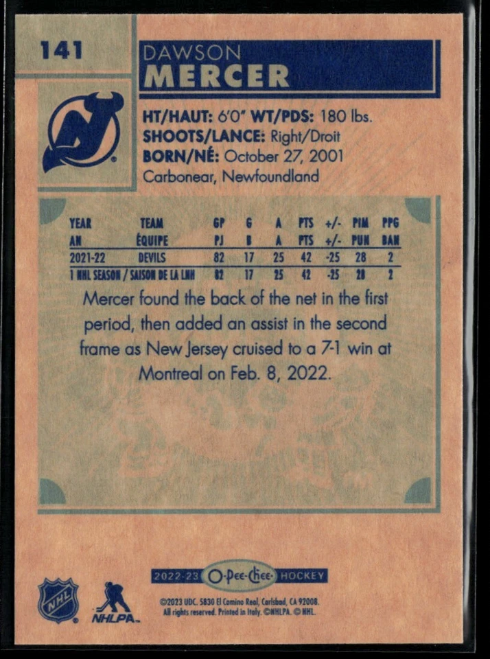 2022-23 O-Pee-Chee Retro Dawson Mercer #141 - Image 2 of 2