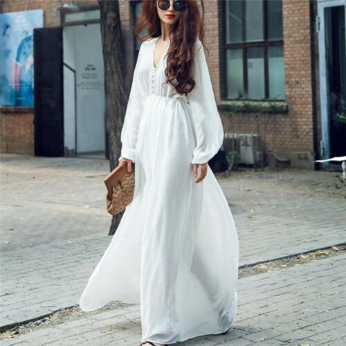 Women V-neck Long Sleeve Chiffon Maxi Dress Summer Casual Bohemian White Dresses - Picture 8 of 8
