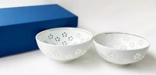 Pair Arita yaki porcelain Japanese Rice bowl Gohan Crystal glaze Cherry Carved