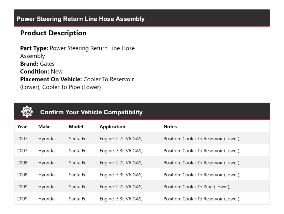 Puertas de montaje de manguera de línea de retorno de dirección asistida para Hyundai Santa Fe 2007-2009 Foto 2 de 3