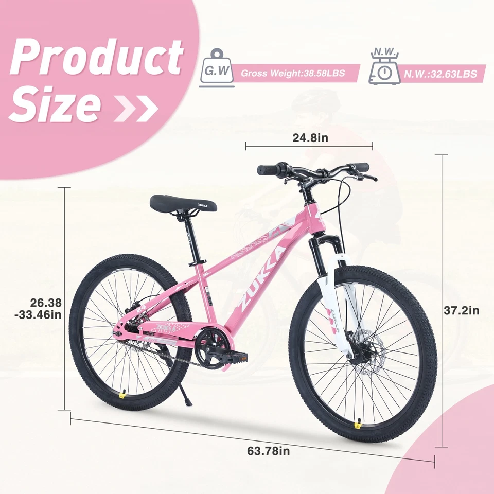 Bicicleta de montanha ZUKKA, 24 polegadas MTB para meninos e meninas de 9 a 12 anos, rosa branca - Imagem 3 de 4