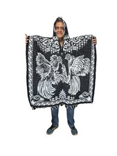 MEXICAN PONCHO WITH HOOD , PELEA DE GALLOS , ROOSTER , OVERSIZED, BLACK