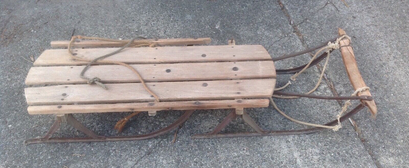 Antique wooden sled, iron runners & rope handles, 47"x14", c.1890-1900, WNY p/u