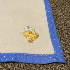 Little Suzy's Zoo Blanket Crib White Blue Nylon Trim Acrylic Baby Gerber Duck