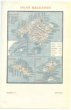 1920s Antique Maps Set 2 Balearic Islands Mediterranean  Sea Spain Mallorca Deco