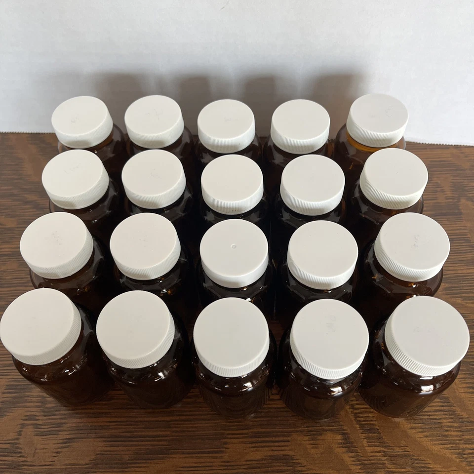 20 2oz Brown Amber Glass Pill Bottles Small Jars Round White Plastic Lids 3" - Image 4 of 4