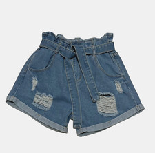 Shein Paperbag Large Denim Cuffed Shorts Women's Very High Rise Distressed