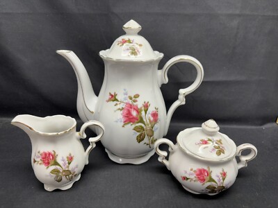 Fred Roberts ''MOSS ROSE'' Japan ~ Coffee Pot, Creamer, Sugar Bowl w/Lid