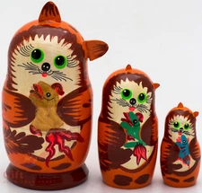 Russian Matryoshka Cat with Fish Wooden nesting dolls toy hand painted 3pcs