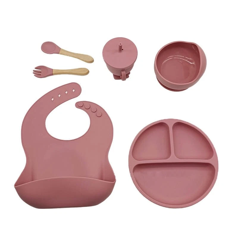 Juego de alimentación de silicona para bebé niño pequeño 6 piezas babero, cuenco, plato, taza para sorbo cuchara y tenedor Foto 3 de 4