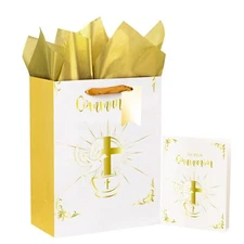 13" Gold Cross/Pigeon Large Gift Bag with Greeting Card and Tissue Paper for ...