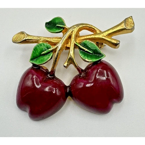 Vintage Enamel Two Apple Brooch Gold Tone Branch