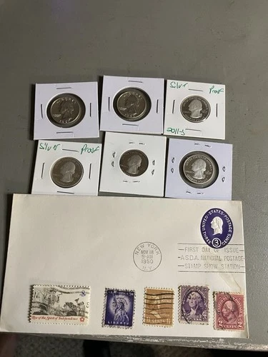 Nice Lot Of Washington Quarters All Six Proof And 90% Silver And FDI With Stamps