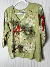 Collections Etc Shirt Womens 3XL Cardinals Holiday Pine Sequin Top Winter Bird