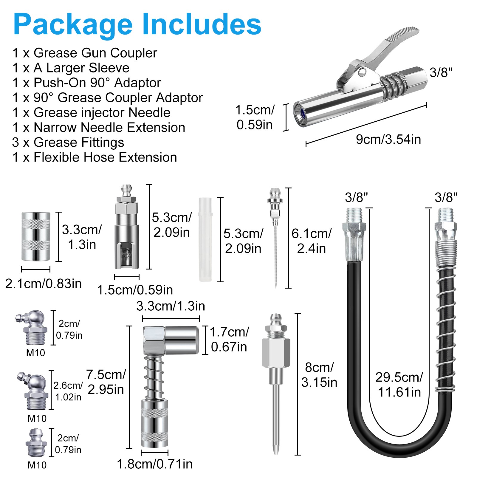 10pcs Grease Gun Accessory Kit for Tight Spaces 90° Adapter, Injector Needle Set