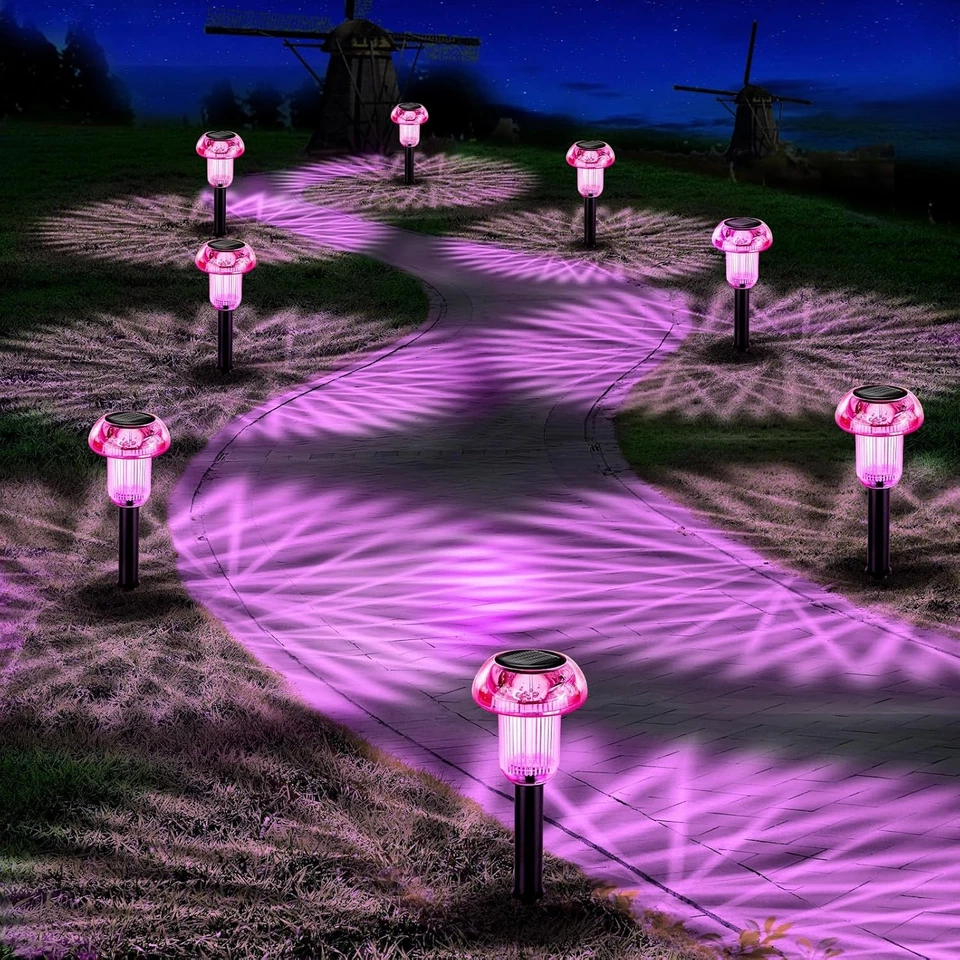 Paquete de 4 luces solares de camino para exteriores, luz LED púrpura de entrada alimentada por energía solar,... Foto 4 de 4