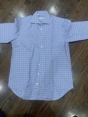 Cesare Attolini Napoli Mens Blue Checkered Shirt Fresh From Cleaners