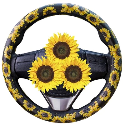 "15Inch Sunflower Steering Wheel Cover Handmade Leather Car Accessory" - Imagen 1 de 4