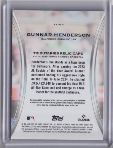 2025 Topps Tribute #TT-GH Gunnar Henderson Tributaries Blue #/150 - Picture 2 of 2