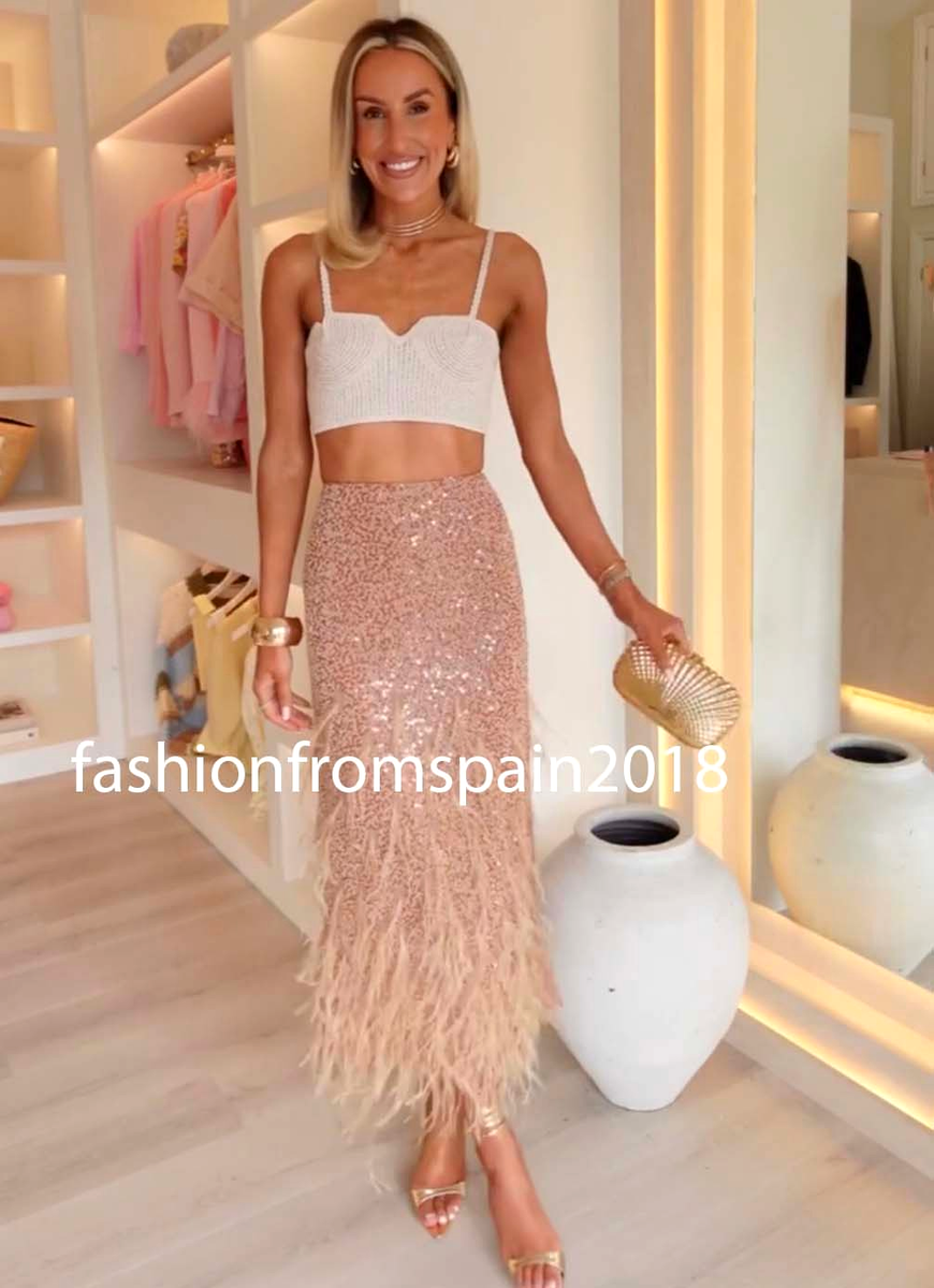 ZARA NEW WOMAN MID-RISE MIDI SEQUIN FEATHER SKIRT SLIT BROWN S,M,L