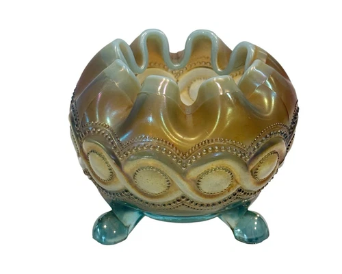 Vintage Northwood Aqua Opalescent Carnival Glass Beaded Cable Rose Bowl 3.75" H