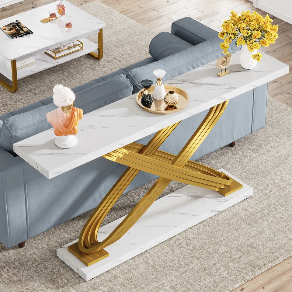 55" White Gold Entryway Table Modern Faux Marble Console Table with X-Shape Base - Image 3 of 4