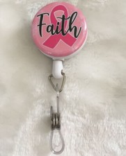 Faith Pink Ribbon Breast Cancer Retractable Reel ID Badge Card Holder